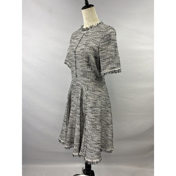 Rebecca Taylor Tweed Mini Dress White Black Size 6 Fringe Short Sleeve Lined - Picture 2 of 15